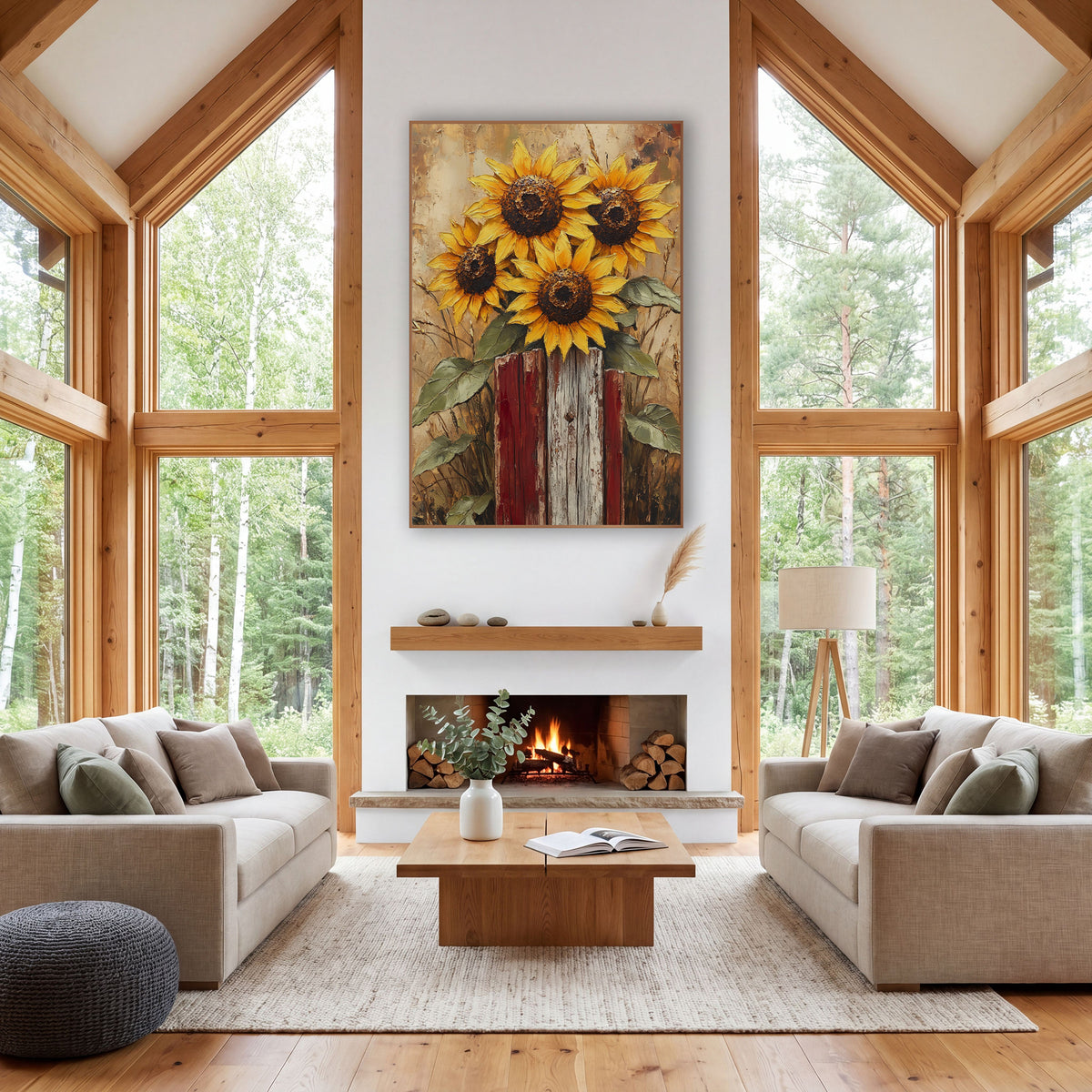 Sunflower Cluster Red Posts Rustic wall art in a farmhouse-style room – four yellow sunflowers with dark centers
