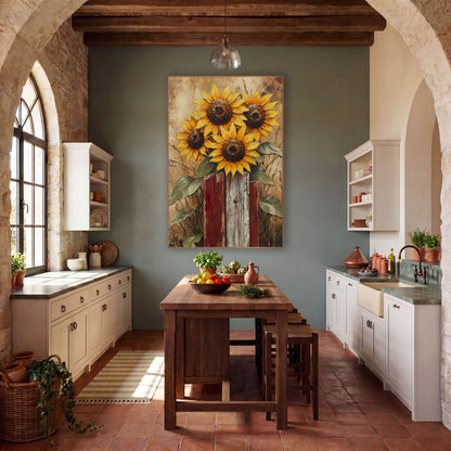 Sunflower Cluster Red Posts Rustic wall art in a farmhouse-style room – four yellow sunflowers with dark centers