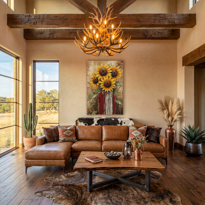 Sunflower Cluster Red Posts Rustic wall art in a farmhouse-style room – four yellow sunflowers with dark centers