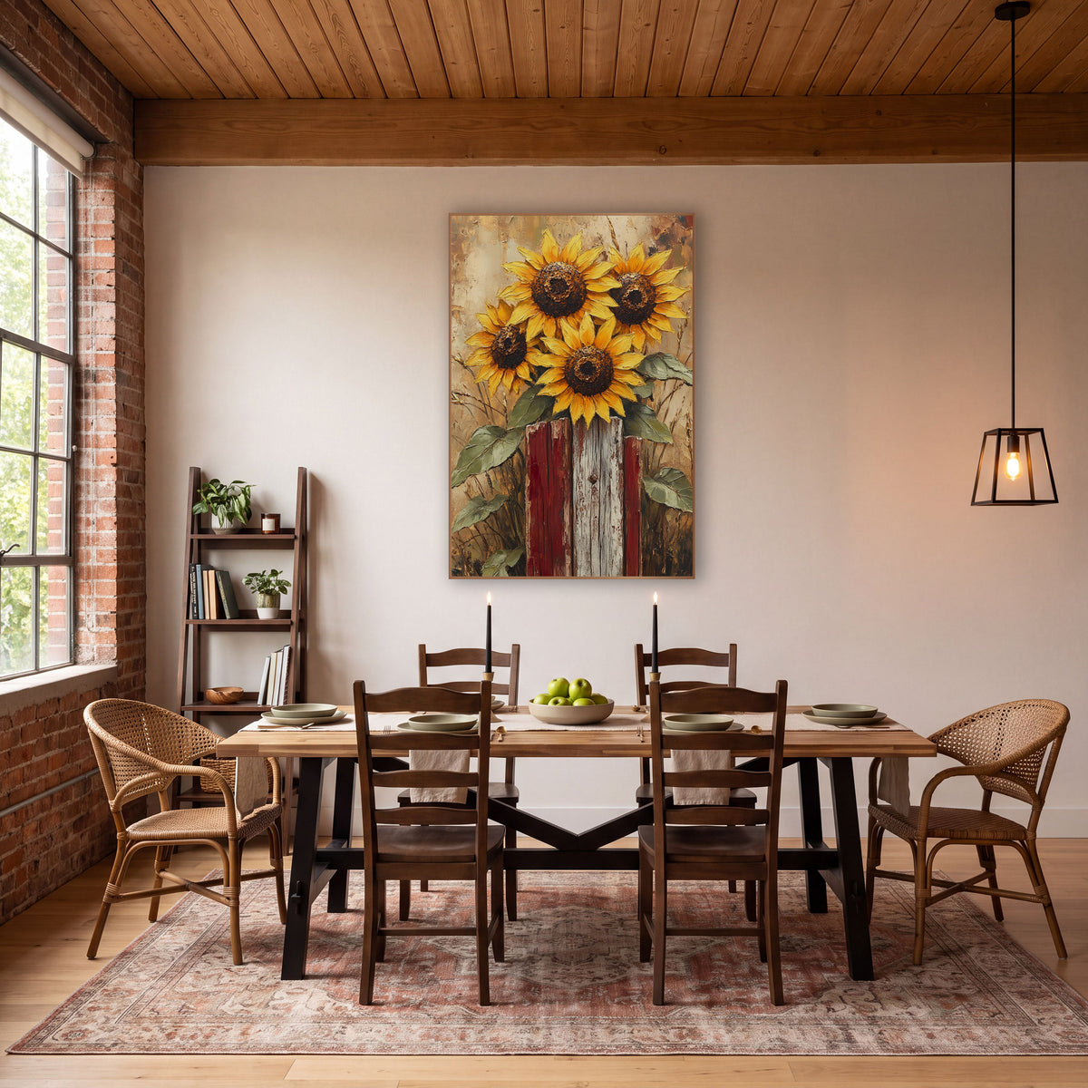 Sunflower Cluster Red Posts Rustic wall art in a farmhouse-style room – four yellow sunflowers with dark centers