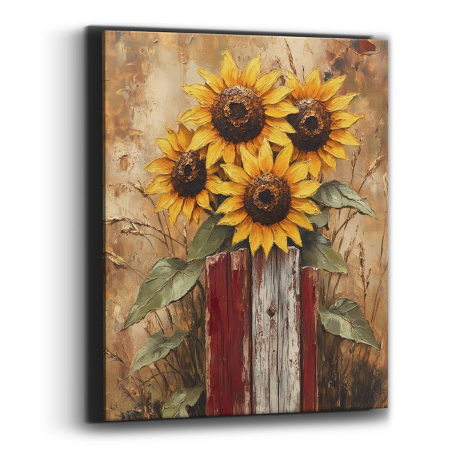 Sunflower Cluster Red Posts Rustic Canvas Wall Art