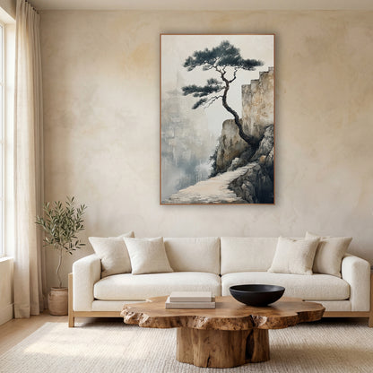 Cliffside Pine Misty Pagoda Japandi wall art in a calm Japandi-style room – twisted pine tree on a rocky cliff