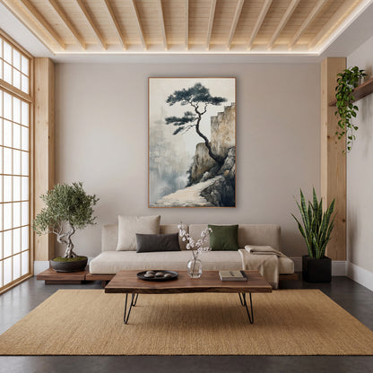 Cliffside Pine Misty Pagoda Japandi wall art in a calm Japandi-style room – twisted pine tree on a rocky cliff