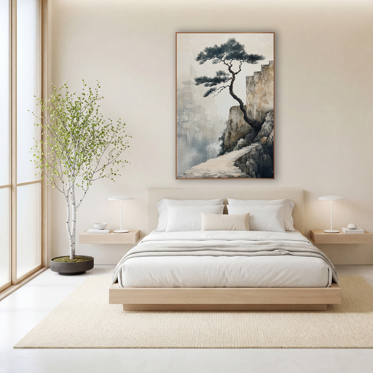 Cliffside Pine Misty Pagoda Japandi wall art in a calm Japandi-style room – twisted pine tree on a rocky cliff