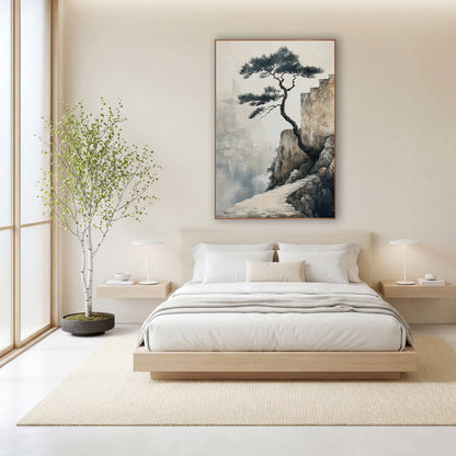 Cliffside Pine Misty Pagoda Japandi wall art in a calm Japandi-style room – twisted pine tree on a rocky cliff