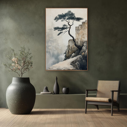 Cliffside Pine Misty Pagoda Japandi wall art in a calm Japandi-style room – twisted pine tree on a rocky cliff
