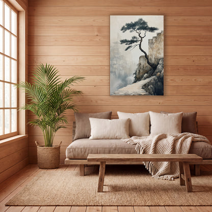 Cliffside Pine Misty Pagoda Japandi wall art in a calm Japandi-style room – twisted pine tree on a rocky cliff
