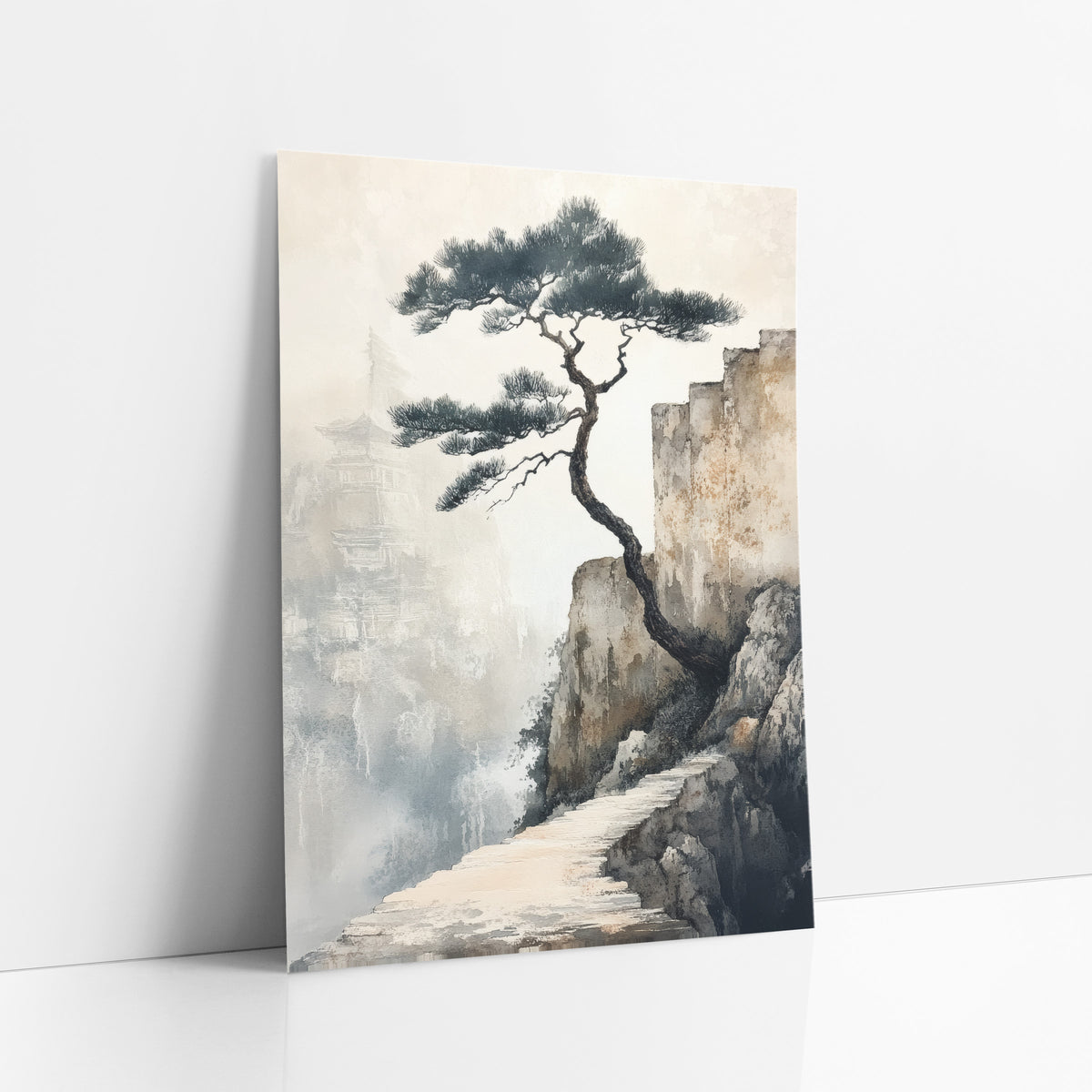 Cliffside Pine Misty Pagoda Japandi art print leaning against a white wall – twisted pine tree on a rocky cliff