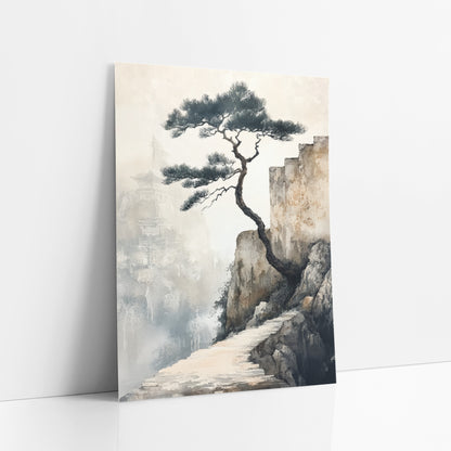 Cliffside Pine Misty Pagoda Japandi art print leaning against a white wall – twisted pine tree on a rocky cliff
