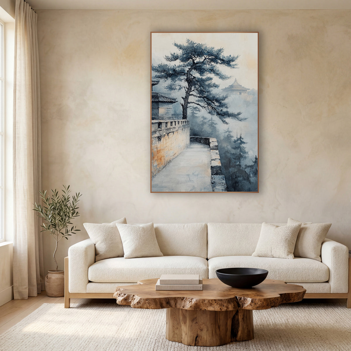 Misty Pine Temple Wall Japandi wall art in a calm Japandi-style room – ink-style landscape of a twisted pine