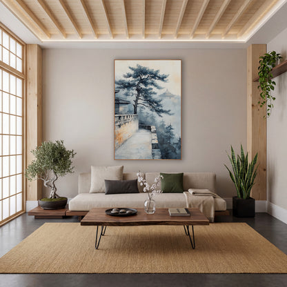 Misty Pine Temple Wall Japandi wall art in a calm Japandi-style room – ink-style landscape of a twisted pine