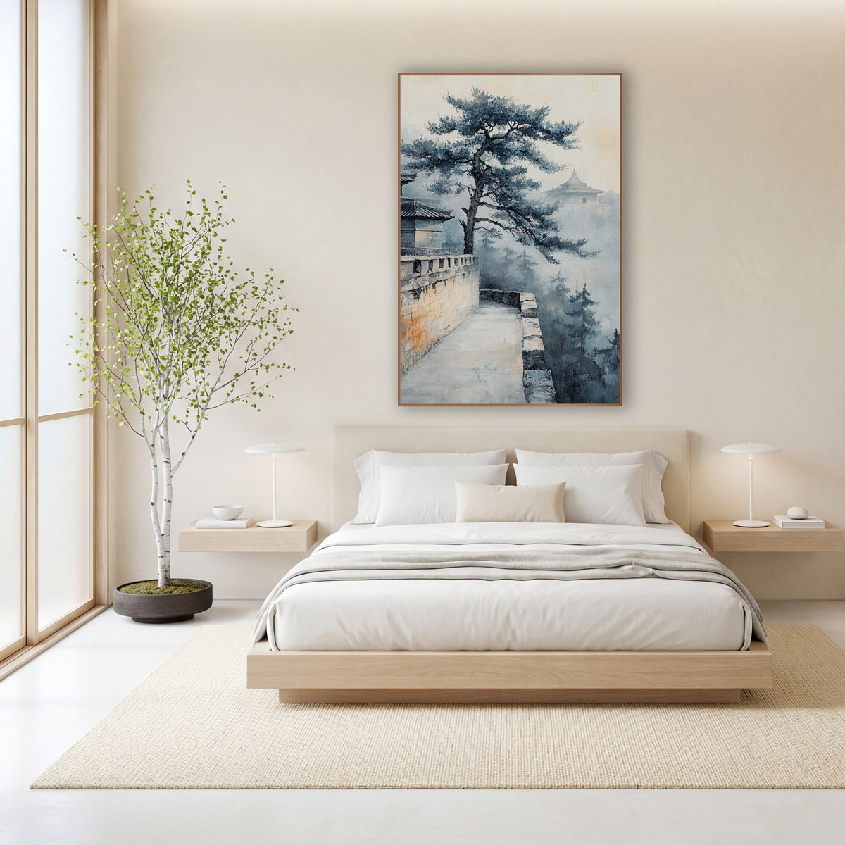 Misty Pine Temple Wall Japandi wall art in a calm Japandi-style room – ink-style landscape of a twisted pine