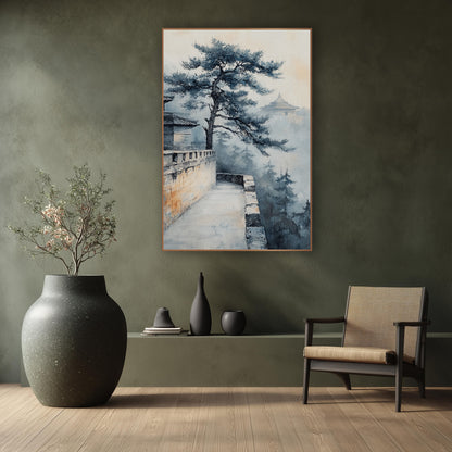 Misty Pine Temple Wall Japandi wall art in a calm Japandi-style room – ink-style landscape of a twisted pine