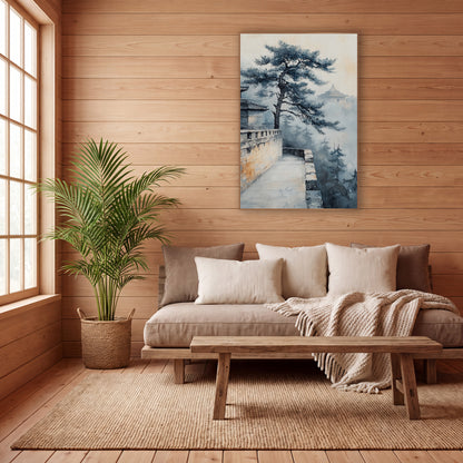 Misty Pine Temple Wall Japandi wall art in a calm Japandi-style room – ink-style landscape of a twisted pine