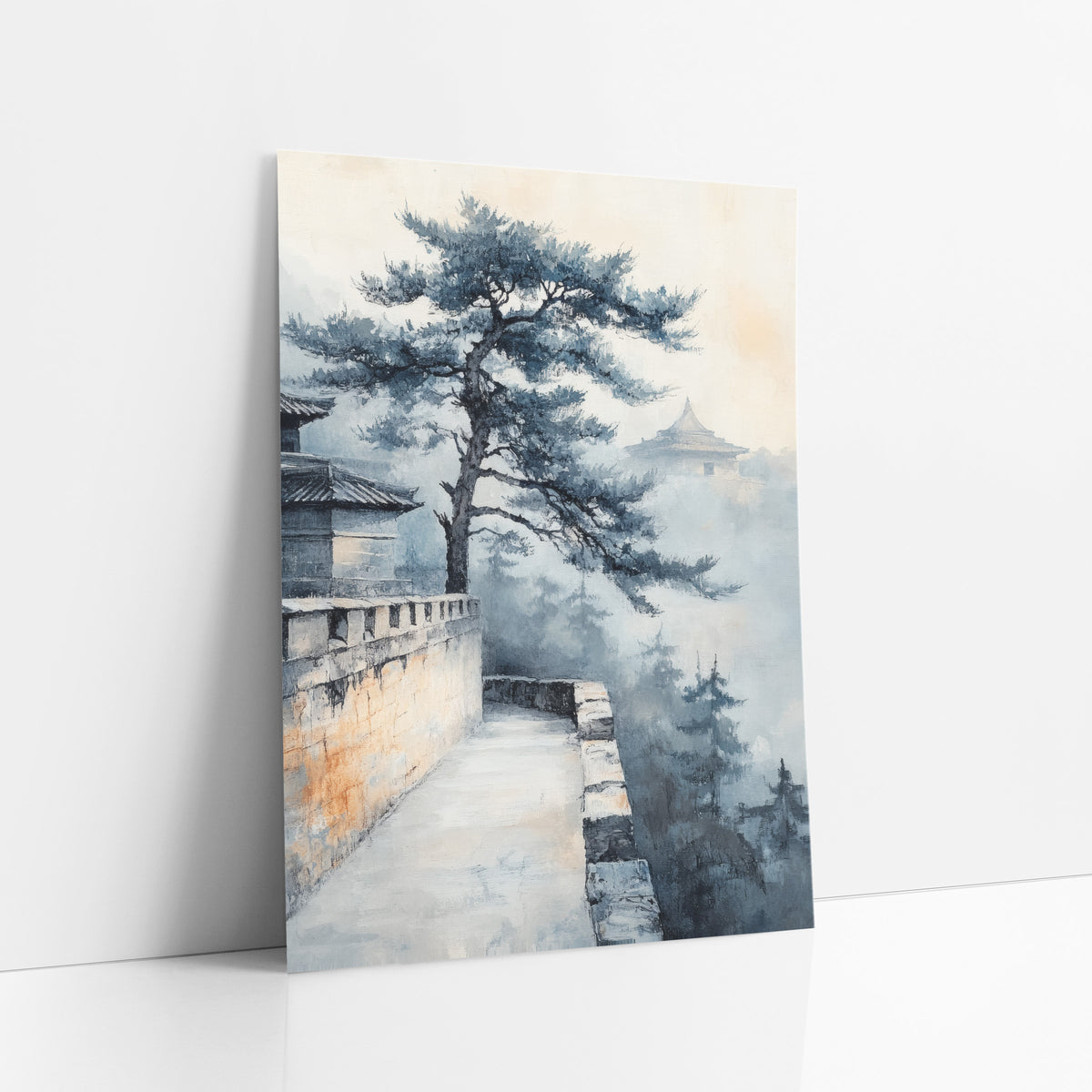 Misty Pine Temple Wall Japandi art print leaning against a white wall – ink-style landscape of a twisted pine