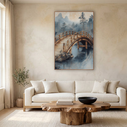 Misty Arched Wooden Bridge Japandi wall art in a calm Japandi-style room – arched wooden bridge over still water