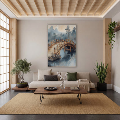 Misty Arched Wooden Bridge Japandi wall art in a calm Japandi-style room – arched wooden bridge over still water