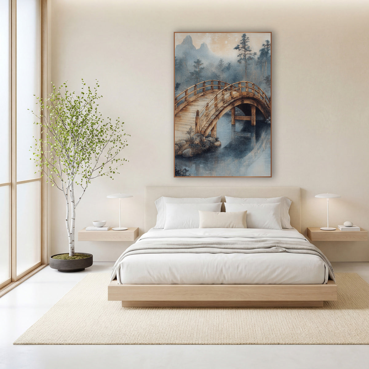Misty Arched Wooden Bridge Japandi wall art in a calm Japandi-style room – arched wooden bridge over still water