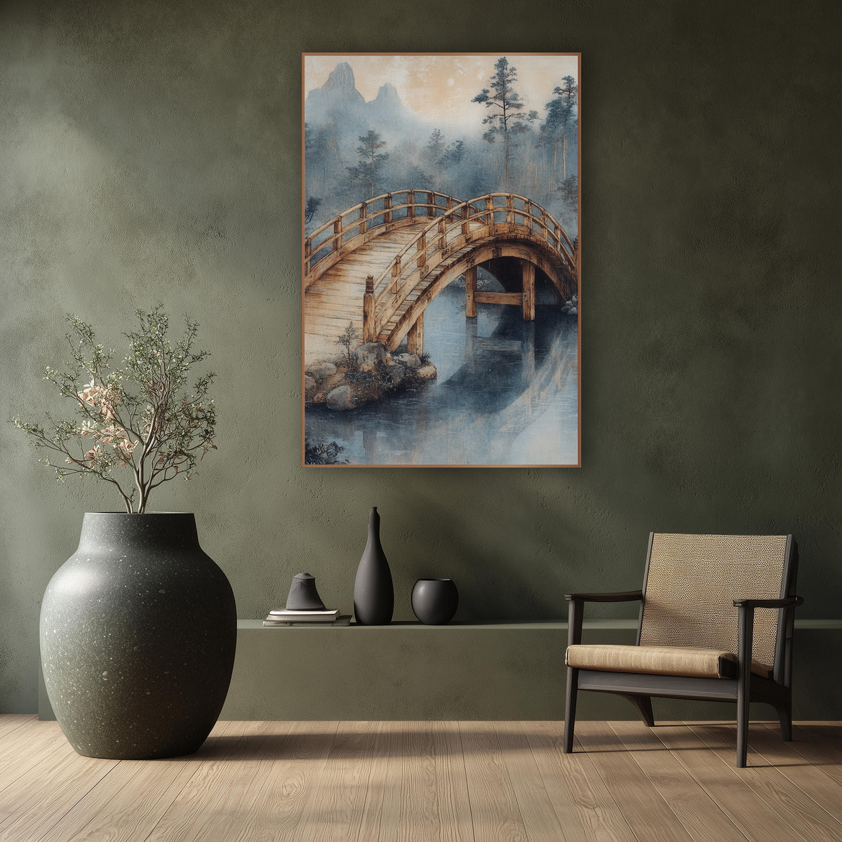 Misty Arched Wooden Bridge Japandi wall art in a calm Japandi-style room – arched wooden bridge over still water