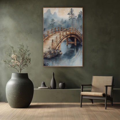 Misty Arched Wooden Bridge Japandi wall art in a calm Japandi-style room – arched wooden bridge over still water