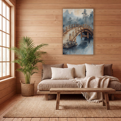 Misty Arched Wooden Bridge Japandi wall art in a calm Japandi-style room – arched wooden bridge over still water