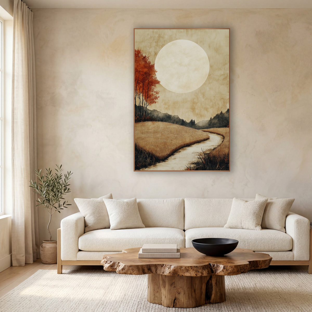 Pale Moon Meadow Japandi wall art in a calm Japandi-style room – large pale moon over golden grass fields