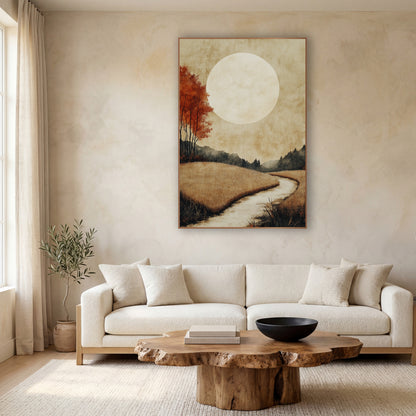 Pale Moon Meadow Japandi wall art in a calm Japandi-style room – large pale moon over golden grass fields