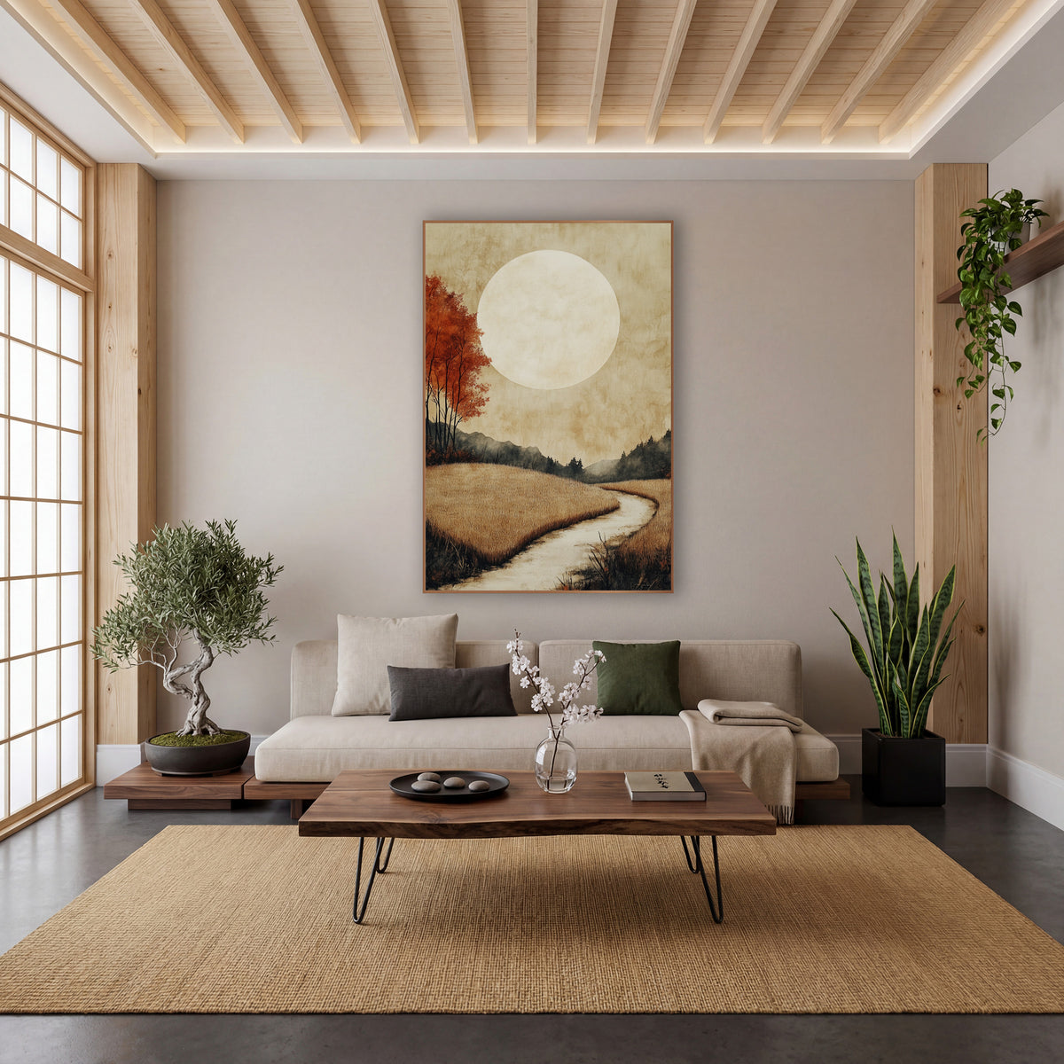 Pale Moon Meadow Japandi wall art in a calm Japandi-style room – large pale moon over golden grass fields