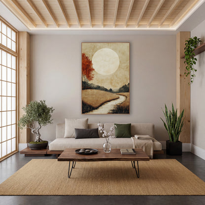 Pale Moon Meadow Japandi wall art in a calm Japandi-style room – large pale moon over golden grass fields