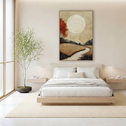 Pale Moon Meadow Japandi wall art in a calm Japandi-style room – large pale moon over golden grass fields