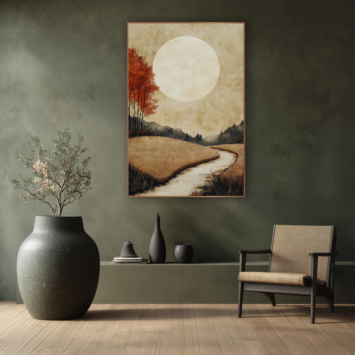 Pale Moon Meadow Japandi wall art in a calm Japandi-style room – large pale moon over golden grass fields