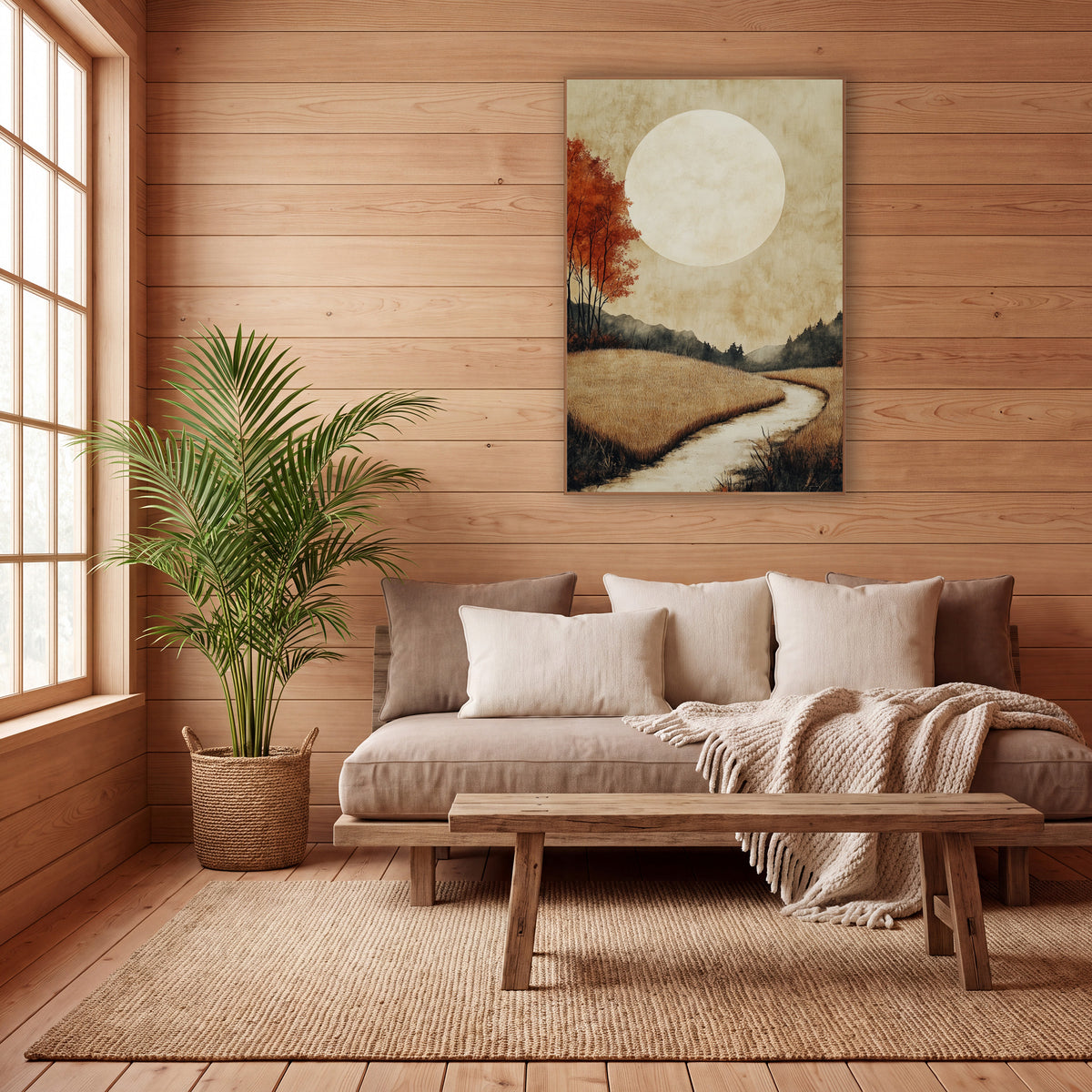 Pale Moon Meadow Japandi wall art in a calm Japandi-style room – large pale moon over golden grass fields