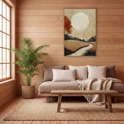 Pale Moon Meadow Japandi wall art in a calm Japandi-style room – large pale moon over golden grass fields