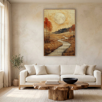 Stone Tile Trail Boho wall art in a calm Japandi-style room – large pale moon over a winding pale path through golden