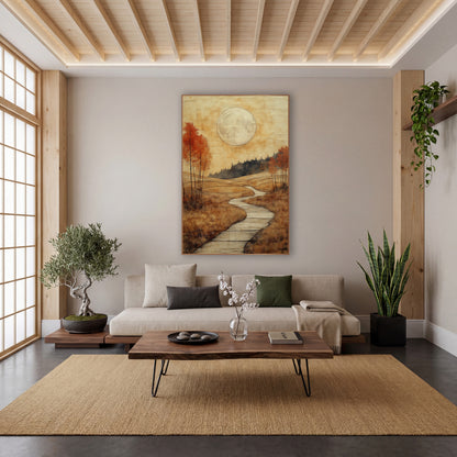 Stone Tile Trail Boho wall art in a calm Japandi-style room – large pale moon over a winding pale path through golden