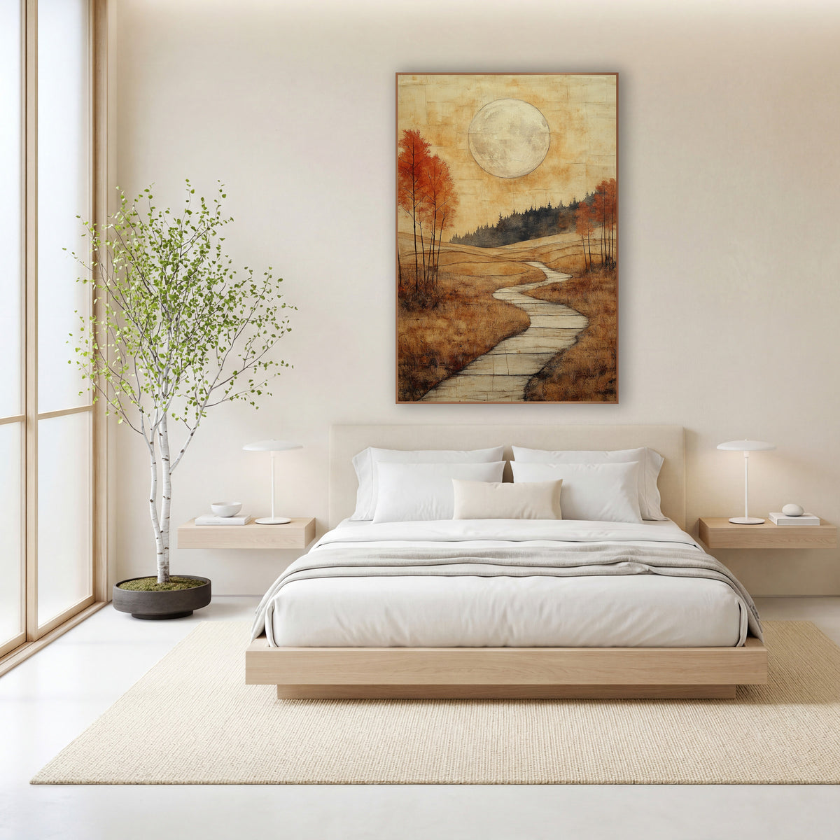 Stone Tile Trail Boho wall art in a calm Japandi-style room – large pale moon over a winding pale path through golden