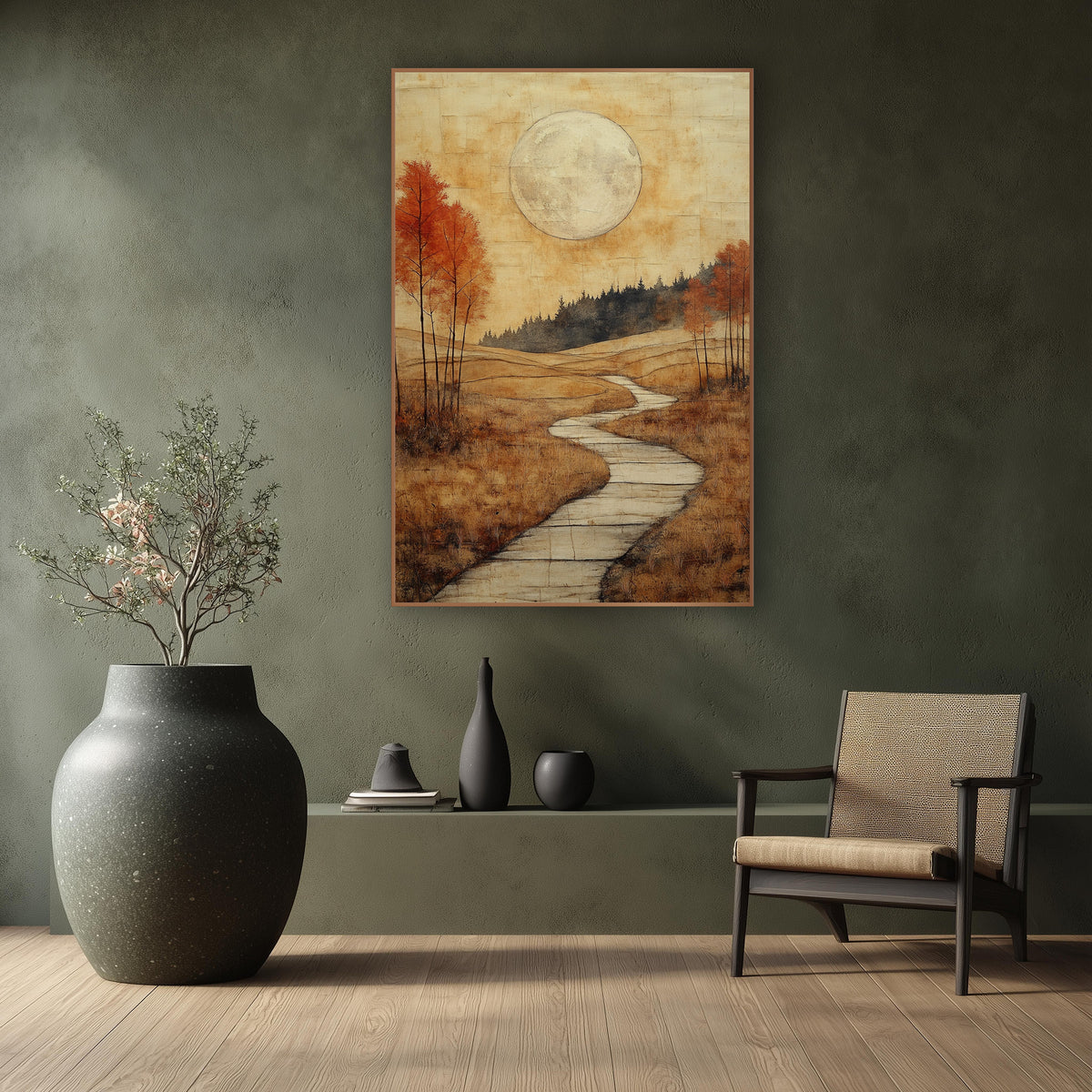 Stone Tile Trail Boho wall art in a calm Japandi-style room – large pale moon over a winding pale path through golden