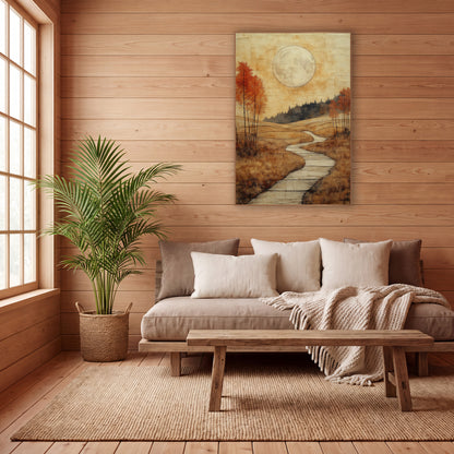 Stone Tile Trail Boho wall art in a calm Japandi-style room – large pale moon over a winding pale path through golden