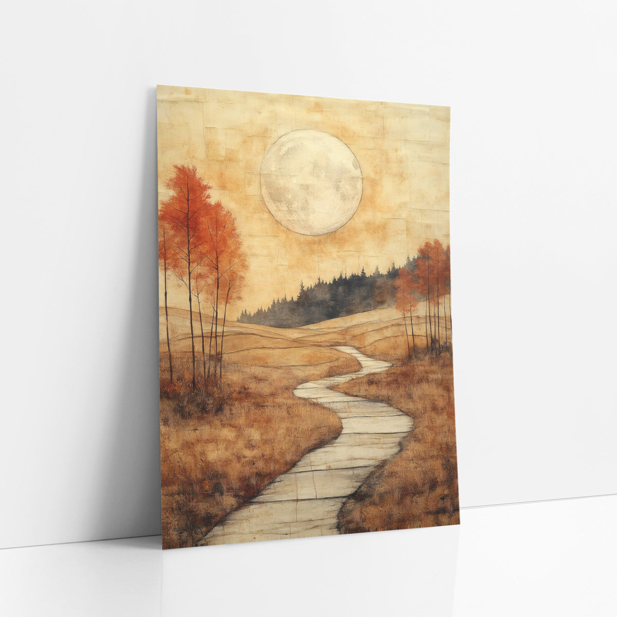 Stone Tile Trail Boho art print leaning against a white wall – large pale moon over a winding pale path through golden autumn