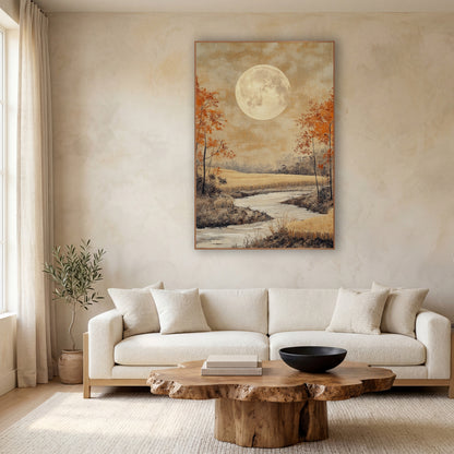 Harvest Moon Autumn Landscape Japandi wall art in a calm Japandi-style room – large pale full moon over a golden field
