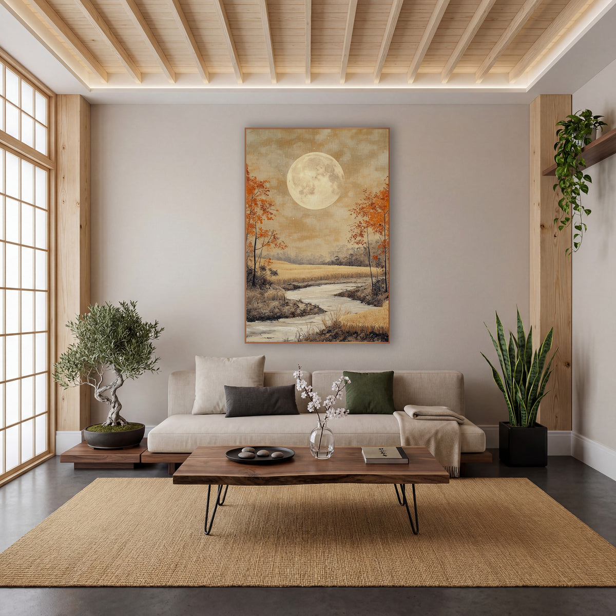 Harvest Moon Autumn Landscape Japandi wall art in a calm Japandi-style room – large pale full moon over a golden field