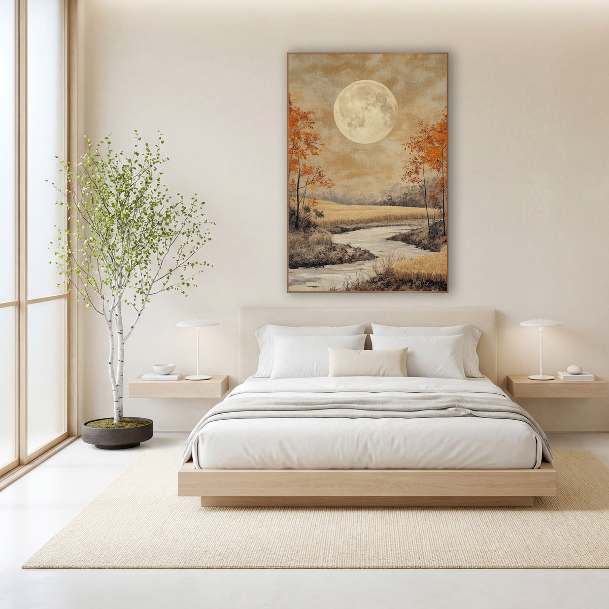 Harvest Moon Autumn Landscape Japandi wall art in a calm Japandi-style room – large pale full moon over a golden field