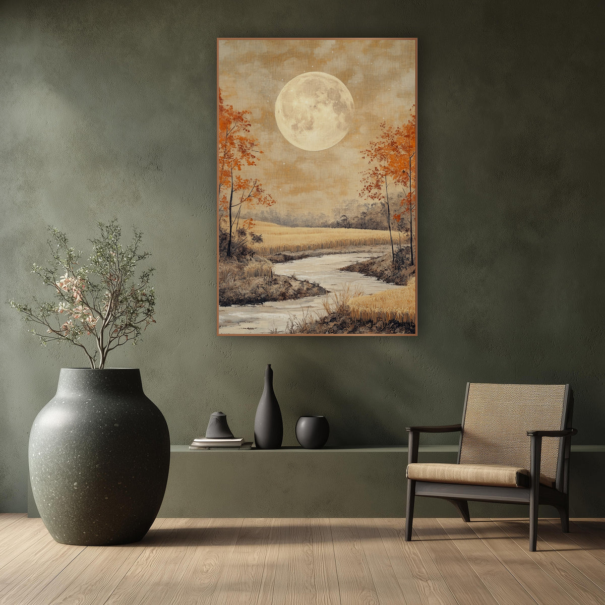 Harvest Moon Autumn Landscape Japandi wall art in a calm Japandi-style room – large pale full moon over a golden field