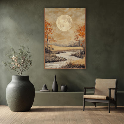 Harvest Moon Autumn Landscape Japandi wall art in a calm Japandi-style room – large pale full moon over a golden field