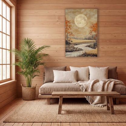 Harvest Moon Autumn Landscape Japandi wall art in a calm Japandi-style room – large pale full moon over a golden field