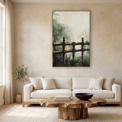 Misty Bamboo Fence Japandi Landscape wall art in a calm Japandi-style room – bamboo fence with crossed rope ties