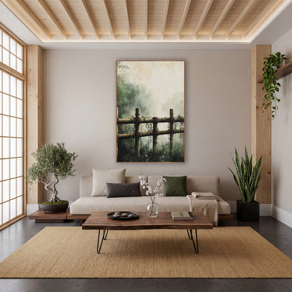 Misty Bamboo Fence Japandi Landscape wall art in a calm Japandi-style room – bamboo fence with crossed rope ties
