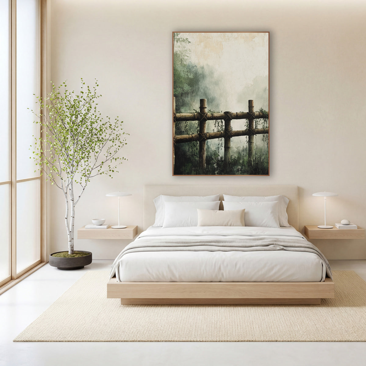 Misty Bamboo Fence Japandi Landscape wall art in a calm Japandi-style room – bamboo fence with crossed rope ties