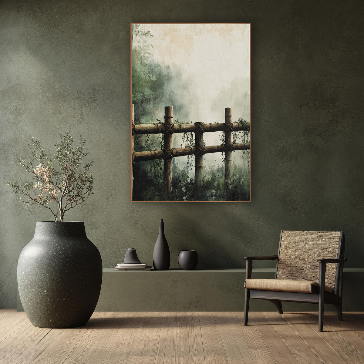 Misty Bamboo Fence Japandi Landscape wall art in a calm Japandi-style room – bamboo fence with crossed rope ties