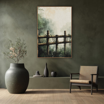 Misty Bamboo Fence Japandi Landscape wall art in a calm Japandi-style room – bamboo fence with crossed rope ties